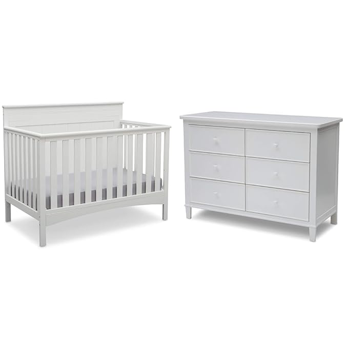 Delta Children Fancy 4-in-1 Convertible Crib and 6 Drawer Dresser Bundle, Bianca White - LeafyLoom