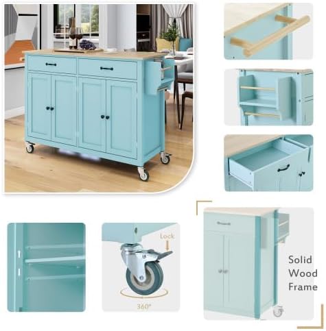 Elefesign FridayParts Kitchen Island Cart with Solid Wood Top and Locking Wheels, 54.3 Inch Width, 4 Door Cabinet and Two Drawers, Spice Rack, Towel Rack, Mint Green - LeafyLoom