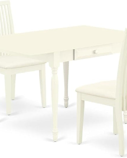 East West Furniture Monza 3 Piece Room Set Contains a Rectangle Kitchen Table with Dropleaf and 2 Fabric Upholstered Dining Chairs, 36x54 Inch, Linen White - LeafyLoom