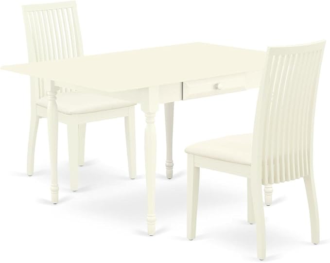 East West Furniture Monza 3 Piece Room Set Contains a Rectangle Kitchen Table with Dropleaf and 2 Fabric Upholstered Dining Chairs, 36x54 Inch, Linen White - LeafyLoom
