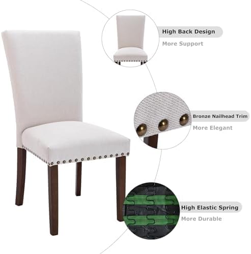 COLAMY Upholstered Parsons Dining Chairs Set of 2, Fabric Dining Room Kitchen Side Chair with Nailhead Trim and Wood Legs - Beige - LeafyLoom