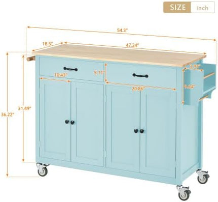 Elefesign FridayParts Kitchen Island Cart with Solid Wood Top and Locking Wheels, 54.3 Inch Width, 4 Door Cabinet and Two Drawers, Spice Rack, Towel Rack, Mint Green - LeafyLoom