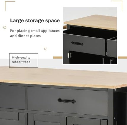 Elefesign FridayParts Kitchen Island Cart with Solid Wood Top and Locking Wheels, 54.3 Inch Width, 4 Door Cabinet and Two Drawers, Spice Rack, Towel Rack, Black - LeafyLoom