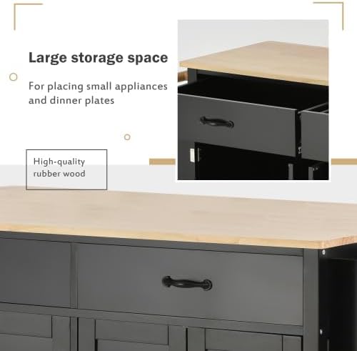 Elefesign FridayParts Kitchen Island Cart with Solid Wood Top and Locking Wheels, 54.3 Inch Width, 4 Door Cabinet and Two Drawers, Spice Rack, Towel Rack, Black - LeafyLoom