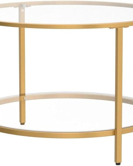 VINGLI Glass Coffee Table, 25.6" Round Champagne Gold Coffee Tables for Living Room, 2-Tier Glass Top Coffee Table with Storage Clear Coffee Table, Simple & Modern Center Table for Small Space - LeafyLoom