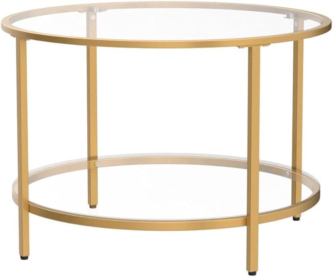 VINGLI Glass Coffee Table, 25.6" Round Champagne Gold Coffee Tables for Living Room, 2-Tier Glass Top Coffee Table with Storage Clear Coffee Table, Simple & Modern Center Table for Small Space - LeafyLoom