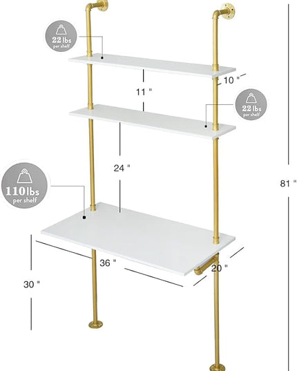 MAIKAILUN White and Gold Desk, 36" Ladder Desk, Wall Mount Computer Writing Table Pipe Shelf Shelving Mini Narrow Industrial Modern for Small Spaces(36x20x81) - LeafyLoom