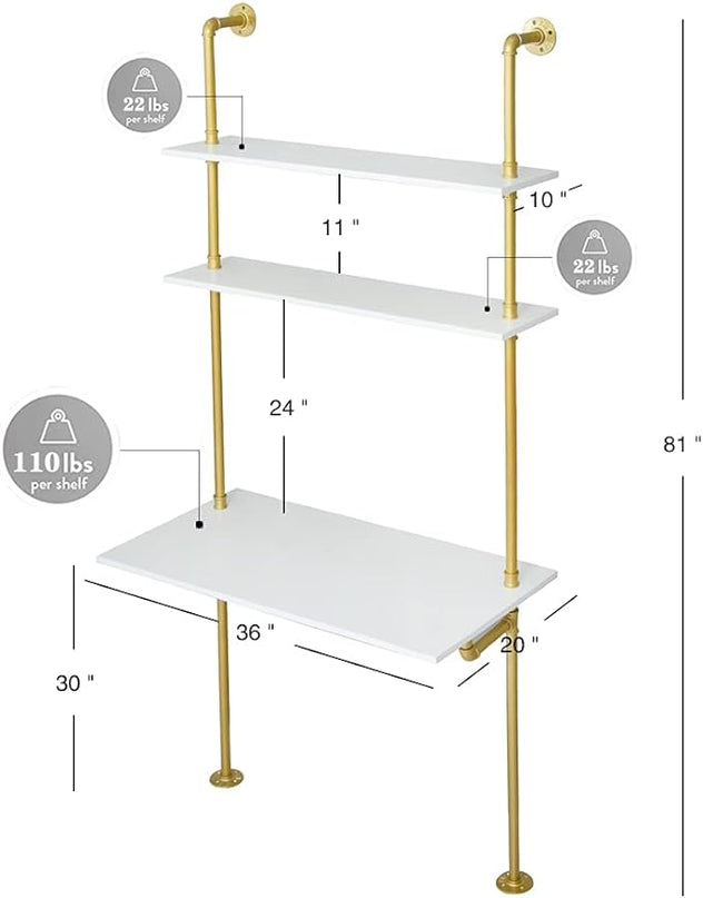 MAIKAILUN White and Gold Desk, 36" Ladder Desk, Wall Mount Computer Writing Table Pipe Shelf Shelving Mini Narrow Industrial Modern for Small Spaces(36x20x81) - LeafyLoom