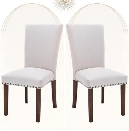 COLAMY Upholstered Parsons Dining Chairs Set of 2, Fabric Dining Room Kitchen Side Chair with Nailhead Trim and Wood Legs - Beige - LeafyLoom