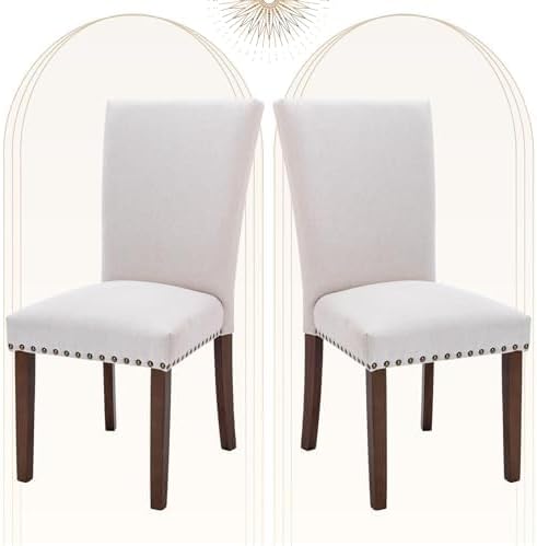 COLAMY Upholstered Parsons Dining Chairs Set of 2, Fabric Dining Room Kitchen Side Chair with Nailhead Trim and Wood Legs - Beige - LeafyLoom
