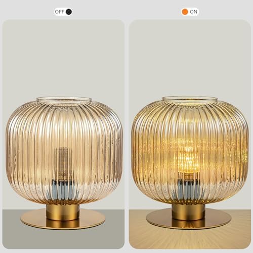 Plug in Table Lamp with Amber Glass Shade Mid Century Modern Lamps for Nightstand Modern Style Bedside Nightstand Lamp Reading Desk Light for Study Room Bedroom Living Room Office (Amber) - LeafyLoom