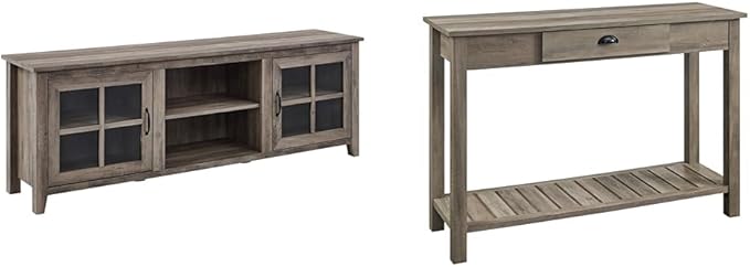 Walker Edison Portsmouth Classic 2 Glass Door TV Stand for TVs up to 80 Inches, 70 Inch, Grey Wash & Rustic Wood Farmhouse Entryway Accent Table with Storage Drawer Entry Table Living Room - LeafyLoom
