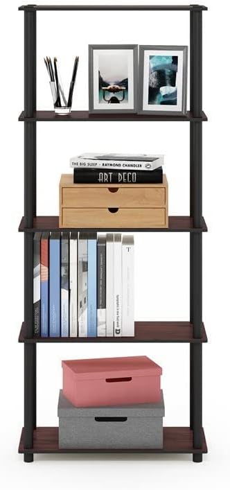 Furinno Turn-N-Tube 5-Tier Multipurpose Shelf / Display Rack / Storage Shelf / Bookshelf, Round Tubes, Dark Cherry/Black - LeafyLoom