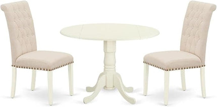 East West Furniture DLBR3-WHI-02 3 Piece Modern Dining Table Set Contains a Round Wooden Table with Dropleaf and 2 Light Beige Linen Fabric Parson Dining Chairs, 42x42 Inch, Linen White - LeafyLoom