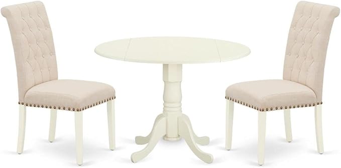 East West Furniture DLBR3-WHI-02 3 Piece Modern Dining Table Set Contains a Round Wooden Table with Dropleaf and 2 Light Beige Linen Fabric Parson Dining Chairs, 42x42 Inch, Linen White - LeafyLoom