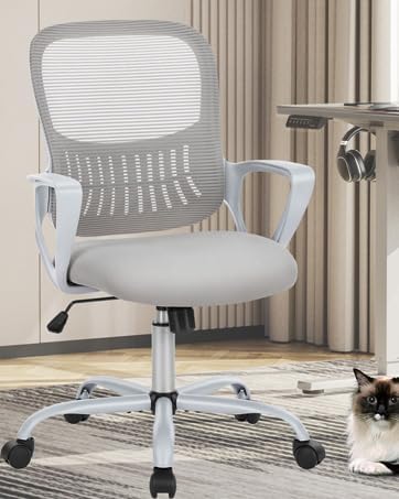 SMUG Office Computer Desk Chair, Ergonomic Mid-Back Mesh Rolling Work Swivel Task Chairs with Wheels, Comfortable Lumbar Support, Comfy Arms for Home, Bedroom, Study, Dorm, Student, Adults, Grey - LeafyLoom