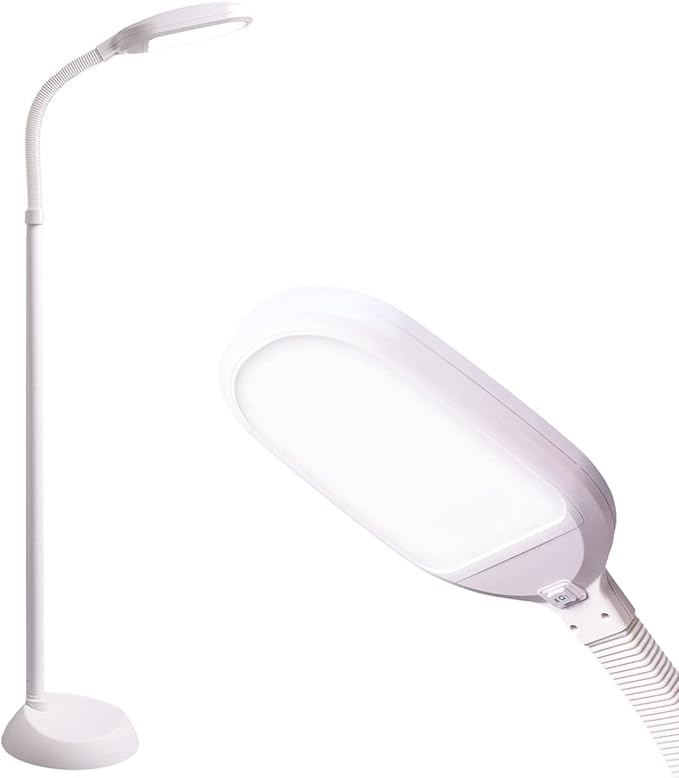 Bright LED Floor Lamp with HI-Off-Low Switch 2-Level Brightness 12W 63 Inches Tall for Living Room & Bedroom Reading, Repair, Crafts, Sewing etc. (White) - LeafyLoom