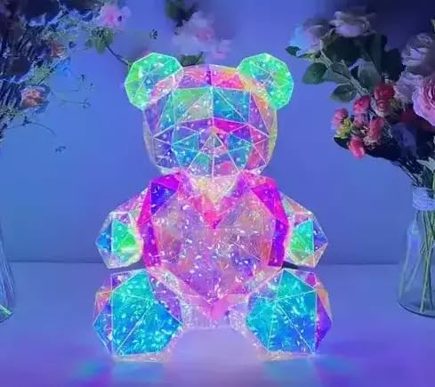 Gorgeous Shining LED Teddy Bear Holding a Pink Heart, Forever Gifts for Her Valentine's Day Anniversary and Birthday 10 inch Mood Lighting Galaxy Lamp - w/Clear Gift Box - LeafyLoom