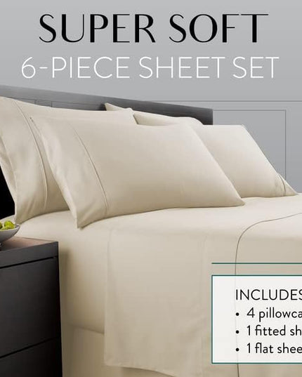 Danjor Linens California King Sheet Set - 6 Piece Set Including 4 Pillowcases - Deep Pockets - Breathable, Soft Bed Sheets - Wrinkle Free - Machine Washable - Cream Cal King Bed Sheets - 6 pc - LeafyLoom