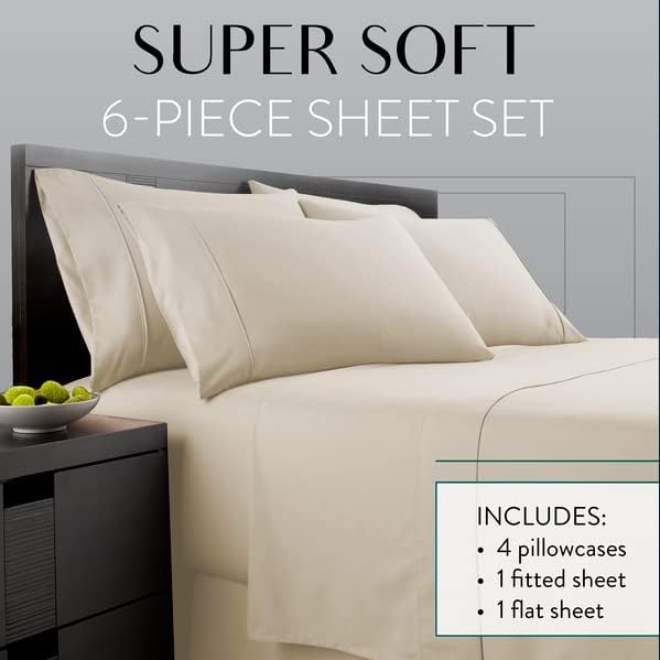 Danjor Linens California King Sheet Set - 6 Piece Set Including 4 Pillowcases - Deep Pockets - Breathable, Soft Bed Sheets - Wrinkle Free - Machine Washable - Cream Cal King Bed Sheets - 6 pc - LeafyLoom