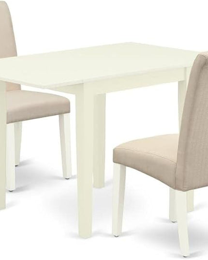 East West Furniture NDBA3-LWH-01 Norden 3 Piece Dinette Set for Small Spaces Contains a Rectangle Dining Table with Dropleaf and 2 Cream Fabric Upholstered Chairs, 30x48 Inch, Linen White - LeafyLoom