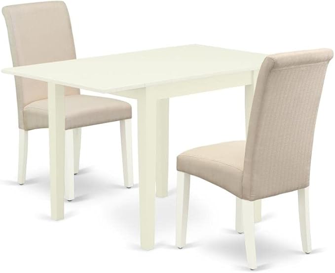 East West Furniture NDBA3-LWH-01 Norden 3 Piece Dinette Set for Small Spaces Contains a Rectangle Dining Table with Dropleaf and 2 Cream Fabric Upholstered Chairs, 30x48 Inch, Linen White - LeafyLoom