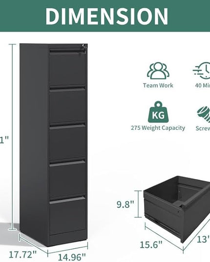 5 Drawer File Cabinet with Lock, Metal Vertical Filing Cabinets for Home Office, Steel Storage Cabinet for Hanging Legal/Letter Size Files, Assembly Required (Black) - LeafyLoom