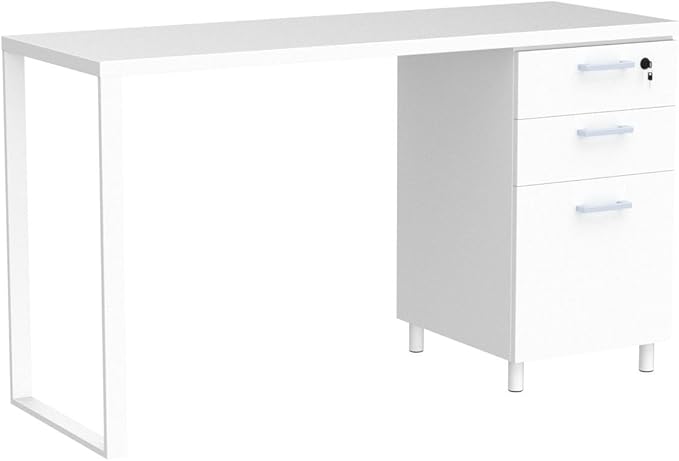Milano Home Office Desk - 47 Inch White/White Home Office Desk with Drawers - Modern Computer Desk with Storage, Detachable & Lockable Computer Cabinet - Wooden Office, Study, and Writing Table - LeafyLoom