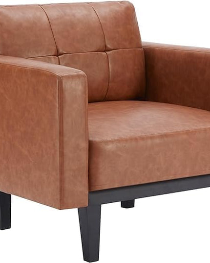 Mid-Century Modern Leather Accent Chair with Wood Base & Legs, Oversized Upholstered Single Sofa Chair, Comfy Living Room Armchairs for Apartment Bedroom Office Study, Cognac/Espresso - LeafyLoom