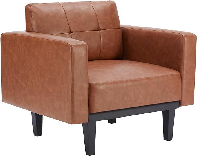 Mid-Century Modern Leather Accent Chair with Wood Base & Legs, Oversized Upholstered Single Sofa Chair, Comfy Living Room Armchairs for Apartment Bedroom Office Study, Cognac/Espresso - LeafyLoom