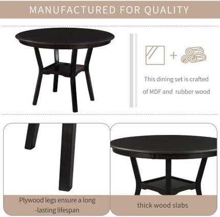 5 Piece, Indoor Modern Wood Set with Round Table, 4 Upholstered Chairs for Kitchen Dining Room, Espresso & Beige - LeafyLoom