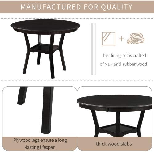5 Piece, Indoor Modern Wood Set with Round Table, 4 Upholstered Chairs for Kitchen Dining Room, Espresso & Beige - LeafyLoom