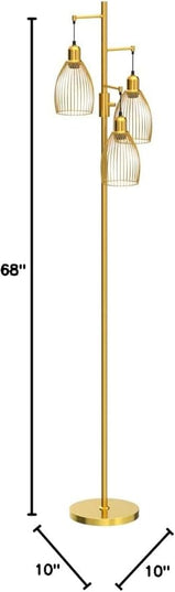 Dimmable Floor Lamp, Industrial Floor Lamps for Living Room, Gold Tree Lamp Standing Lamp Tall Lamps with 3 Elegant Teardrop Cage Head & 800 Lumens LED Bulbs for Living room Bedroom Office - LeafyLoom