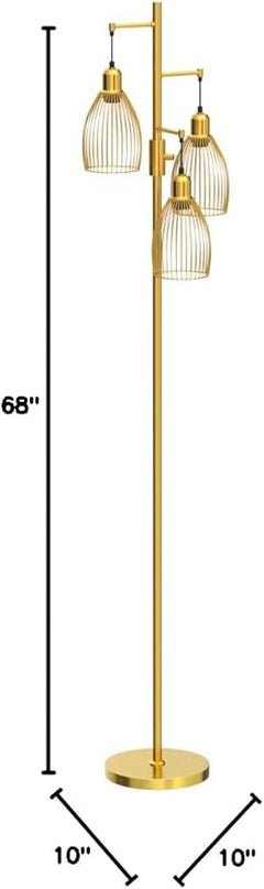 Dimmable Floor Lamp, Industrial Floor Lamps for Living Room, Gold Tree Lamp Standing Lamp Tall Lamps with 3 Elegant Teardrop Cage Head & 800 Lumens LED Bulbs for Living room Bedroom Office - LeafyLoom