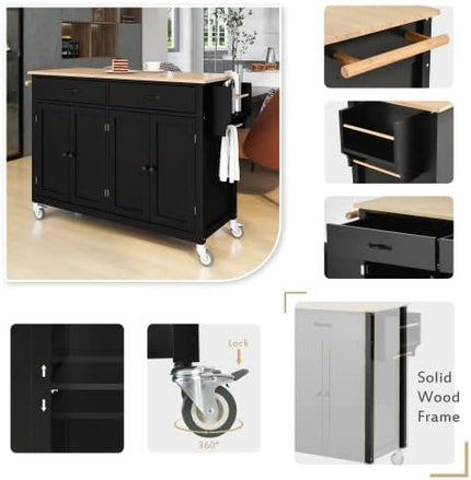 Elefesign FridayParts Kitchen Island Cart with Solid Wood Top and Locking Wheels, 54.3 Inch Width, 4 Door Cabinet and Two Drawers, Spice Rack, Towel Rack, Black - LeafyLoom
