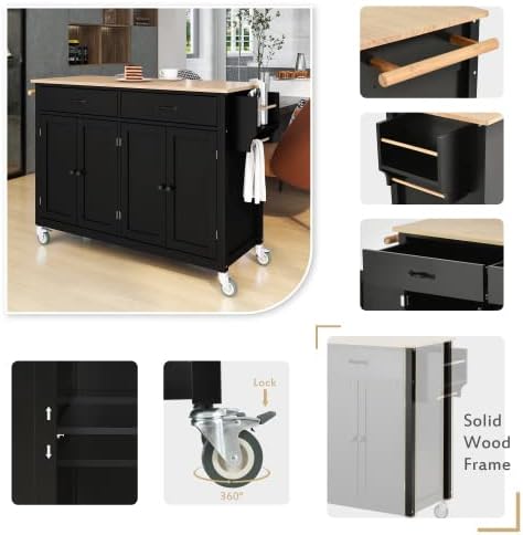 Elefesign FridayParts Kitchen Island Cart with Solid Wood Top and Locking Wheels, 54.3 Inch Width, 4 Door Cabinet and Two Drawers, Spice Rack, Towel Rack, Black - LeafyLoom
