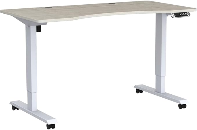 Adjustable Height Electric Standing Desk - 55 x 30 Inch Sit Stand Computer Desk with Splice Board, Stand Up Desk Table for Home Office, White Frame/Oak Top(with Radian) - LeafyLoom