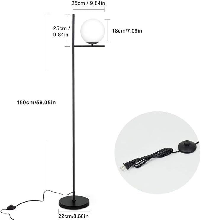 DLLT Modern LED Sphere Floor Lamp-9W Frosted Glass Globe Standing Lamps for bedroom, Energy Saving Mid Century Tall Pole Standing Accent lighting for Living Room, Office, Bedroom, Black - LeafyLoom
