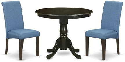 East West Furniture ANBA3-CAP-21 3 Piece Dining Set Contains a Round Kitchen Table with Pedestal and 2 Blue Color Linen Fabric Upholstered Parson Chairs, 36x36 Inch - LeafyLoom