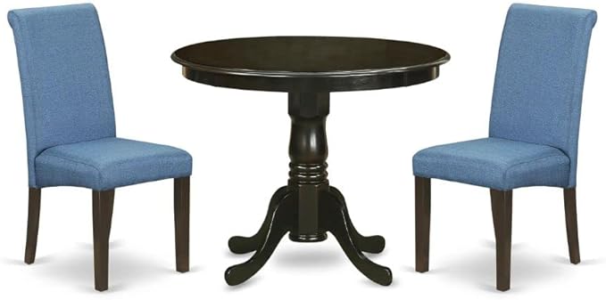 East West Furniture ANBA3-CAP-21 3 Piece Dining Set Contains a Round Kitchen Table with Pedestal and 2 Blue Color Linen Fabric Upholstered Parson Chairs, 36x36 Inch - LeafyLoom