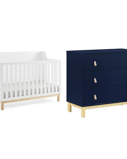 Delta Children Gap babyGap Oxford 6-in-1 Convertible Crib - Greenguard Gold Certified, Bianca White/Natural & Gap babyGap Legacy 3 Drawer Dresser with Leather Pulls, Navy/Natural - LeafyLoom