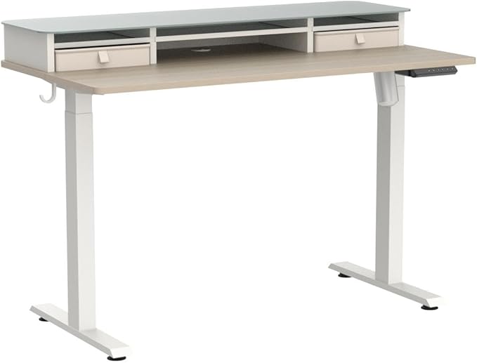 BANTI 48"x 26" Electric Standing Desk with Glass Top Monitor Stand, Adjustable Sit Stand Up Table with Double Drawer, Sit Stand Desk with Storage Shelf, Light Walnut Top - LeafyLoom