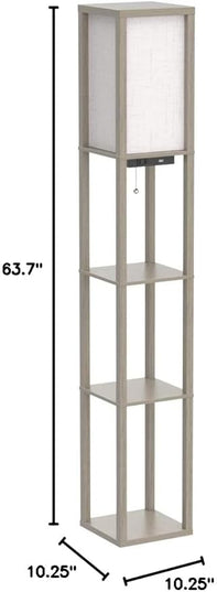 OUTON Floor Lamp with Shelves, LED Shelf Floor Lamp with 1 USB & 1 Type C Ports, 1 AC Outlet, 3 Color Temperature, Storage Display Wood Column Tall Standing Lamp for Living Room, Bedroom Office, Grey - LeafyLoom