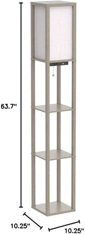 OUTON Floor Lamp with Shelves, LED Shelf Floor Lamp with 1 USB & 1 Type C Ports, 1 AC Outlet, 3 Color Temperature, Storage Display Wood Column Tall Standing Lamp for Living Room, Bedroom Office, Grey - LeafyLoom