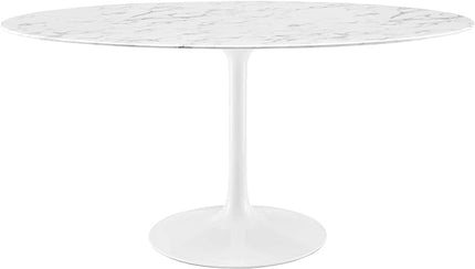 Modway Lippa 60" Oval-Shaped Mid-Century Modern Dining Table with Artificial Marble Top and White Base - LeafyLoom