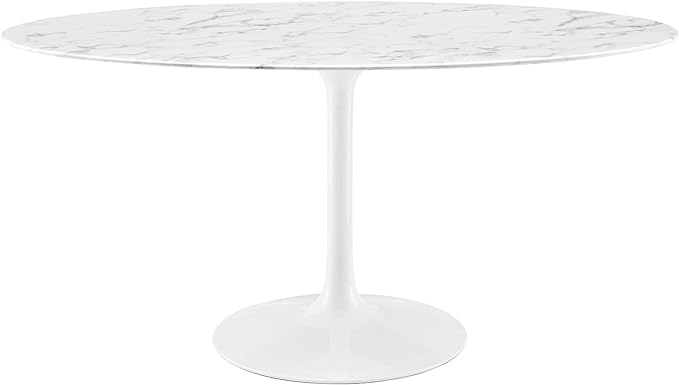 Modway Lippa 60" Oval-Shaped Mid-Century Modern Dining Table with Artificial Marble Top and White Base - LeafyLoom