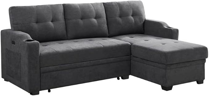 83 Inch Convertible L Shaped Sleeper Sectional Sofa Linen with Storage Chaise, Pull Out Bed, Cup Holder, USB Charging Port, Side Pocket, Reversible Corner Couch Design, 83inch, Dark Grey-3 - LeafyLoom