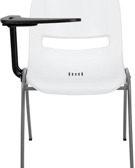 Flash Furniture HERCULES White Ergonomic Shell Chair with Right Handed Flip-Up Tablet Arm - LeafyLoom