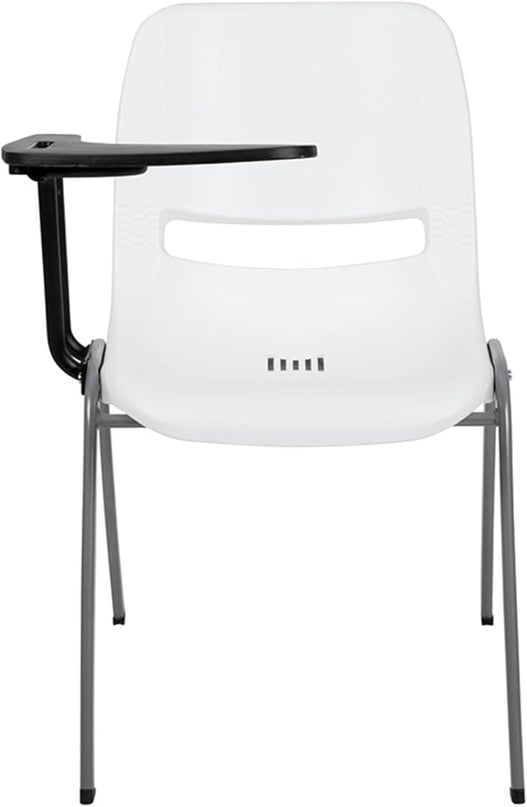 Flash Furniture HERCULES White Ergonomic Shell Chair with Right Handed Flip-Up Tablet Arm - LeafyLoom
