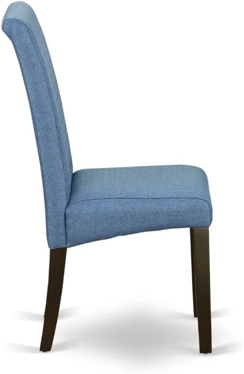 East West Furniture ANBA3-CAP-21 3 Piece Dining Set Contains a Round Kitchen Table with Pedestal and 2 Blue Color Linen Fabric Upholstered Parson Chairs, 36x36 Inch - LeafyLoom